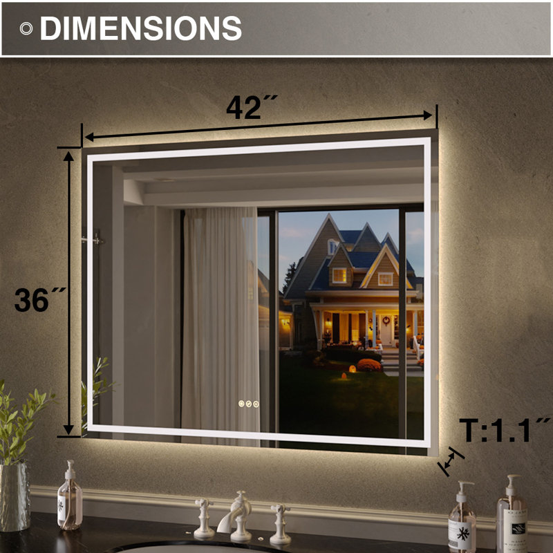Miroir de salle de bain mural en cristal poli à DEL à intensité variable avec miroir à DEL à intensité variable de 42 po x H 36 po Flicker