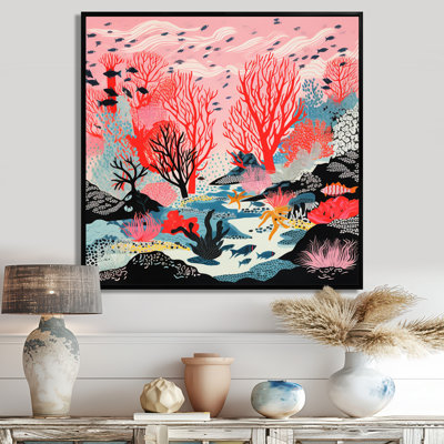 Corail rouge profond avec illustration de poissons - impression d'art mural corail