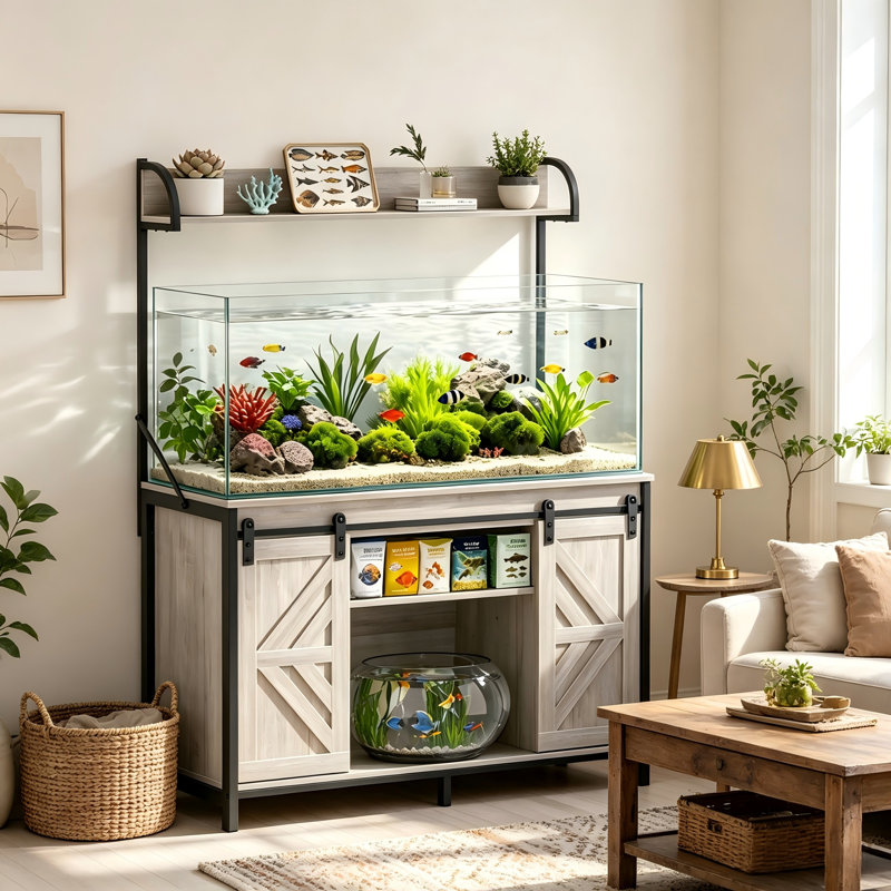 Support robuste pour aquarium de 55 à 75 gallons avec porte coulissante et prises électriques, compatible avec les terrariums à reptiles.
