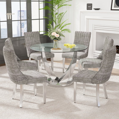 47.2" Round Dining Table Set, Tempered Glass Table with 6 Upholstered Chairs