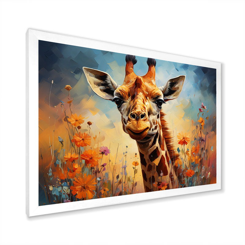 " Brown Giraffe Expressionist Grace ", 30" H x 40" W x 1.5" D, White Single Picture Framed