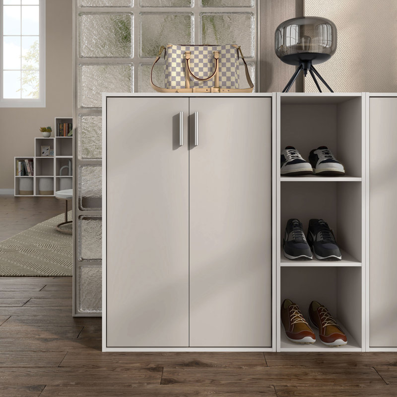 Breayla 35.5"H 3-Tier Wood Storage Bookcase with Doors, Greige