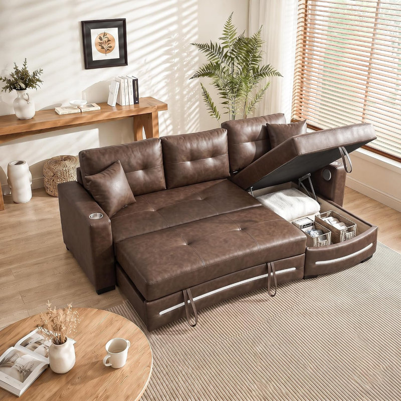 2-in-1 Sofa Bed with Storage, Charging & Bluetooth – Space-Saving for Apartments, Brown, Right Hand Facing
