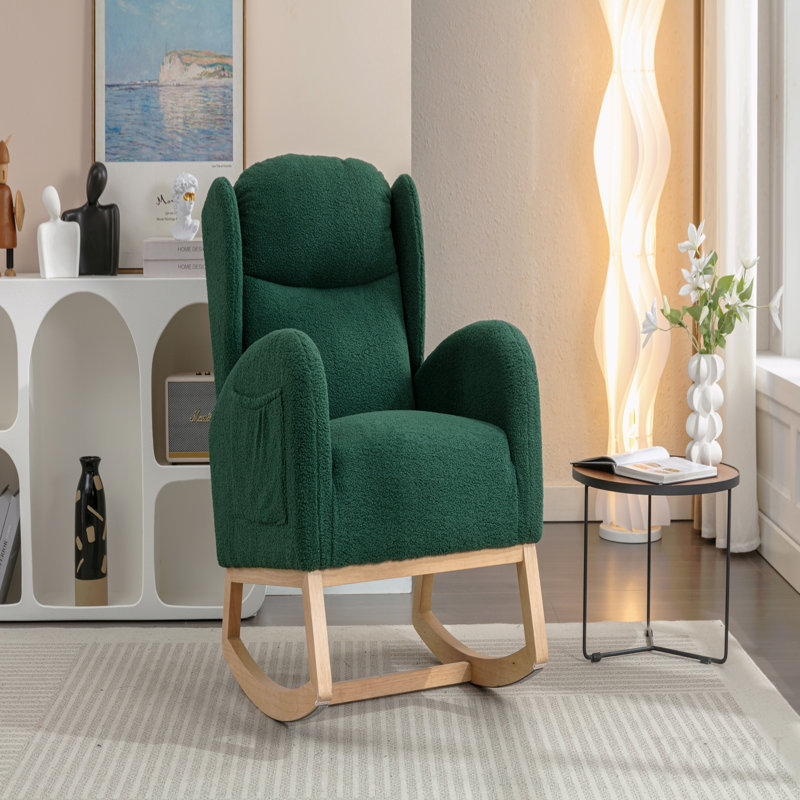 Chaise berçante en tissu Teddy avec pieds en bois paquet, vert