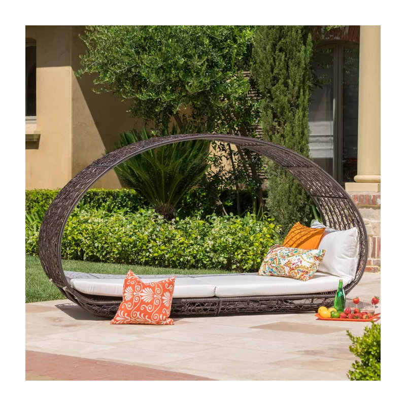 Outdoor Wicker Canopy Daybed with Cushions and Open Circle Frame, Brown