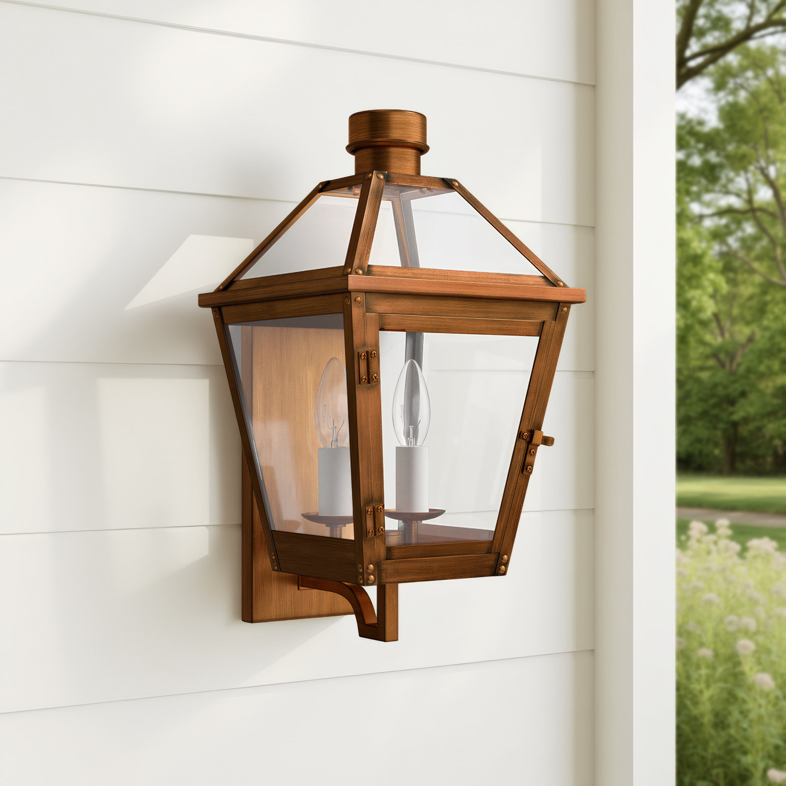2 Light Empire Outdoor Wall Light, Natural Copper