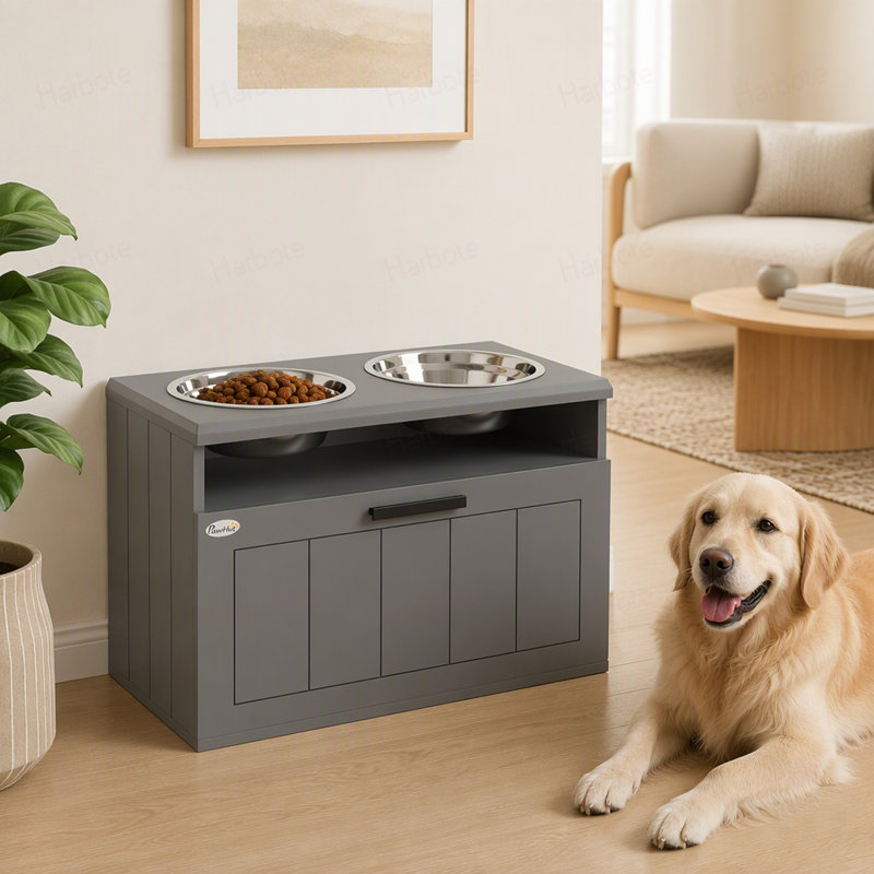 Gamelles surélevées pour chiens, support avec 2 bols en acier inoxydable, tiroir de rangement et tapis anti-glouton, station d'alimentation pour chiens de grande et très grande taille.