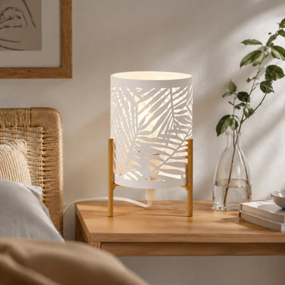 Veilleuse décorative avec trépied doré et abat-jour en métal blanc ajouré ; culot E12 40 W, ampoule non incluse