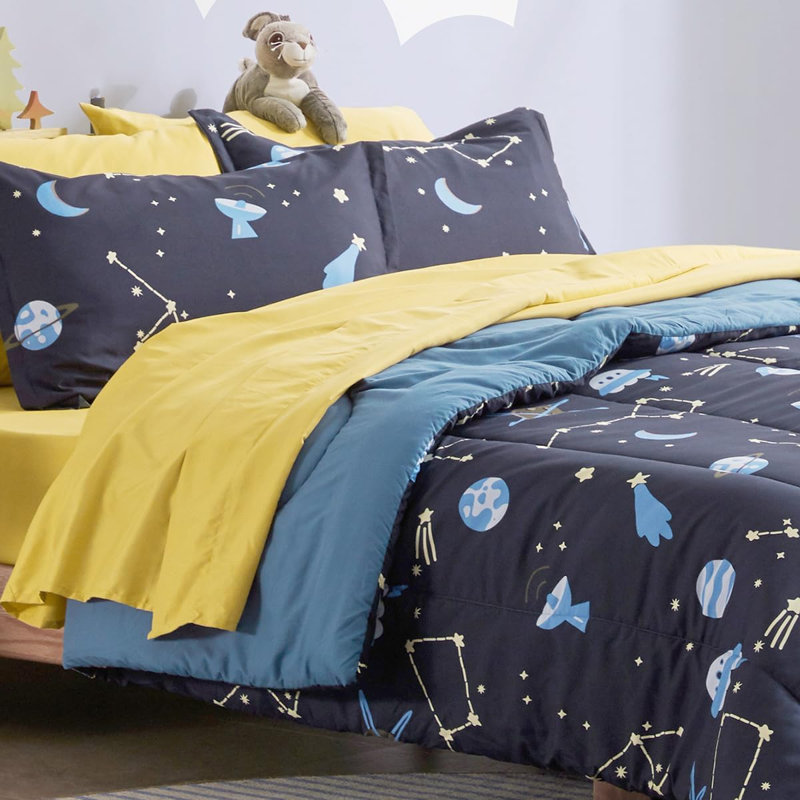 Ensemble de literie pour enfants Space Rocket, Double/Grand, Bleu galaxie bleu / jaune