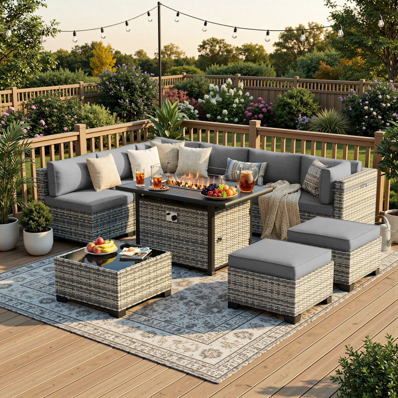 10-Piece Outdoor Patio Conversation Set With 55,000 BTU Propane Fire Pit Table, Wicker Sectional Sofa, 2 Ottomans & Coffee Table