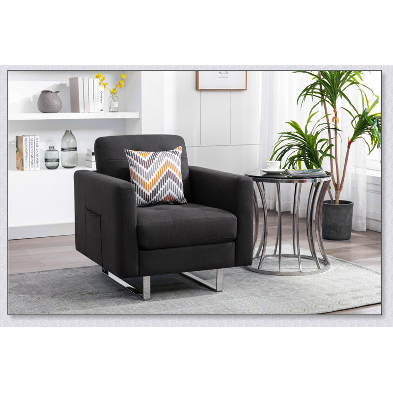 Beige Linen Tufted Armchair, Lin gris foncé