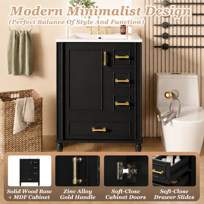 Meuble-lavabo moderne 24 po avec lavabo en céramique, noir, porte à fermeture douce, 3 tiroirs, poignées dorées, support de porte