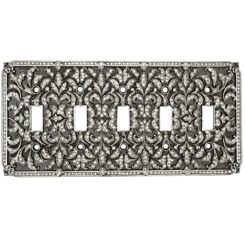 5 TOGGLE SWITCH COVER; CLEAR DECORATED WITH SWAROVSKI CRYSTALS; IN BURNISHED SILVER