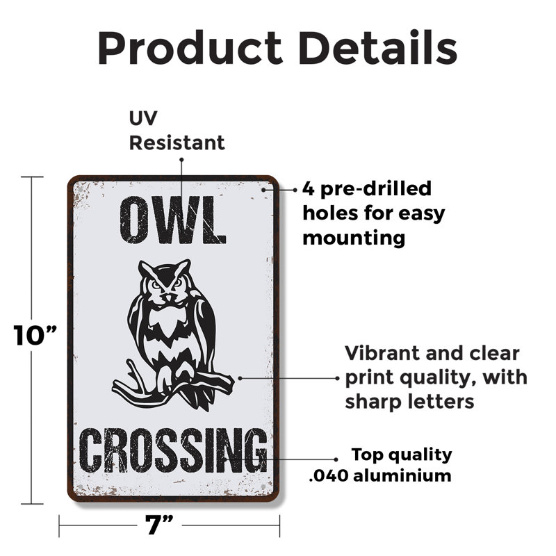 Panneau de fantaisie en aluminium 7 pouces x 10 pouces Owl Crossing, H 10 po x l 7 po x P 0,1 po