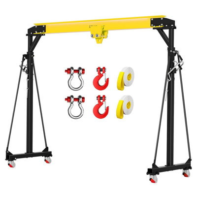 Adjustable portable overhead crane, 1 ton hoist with manual trolley, 8–12 ft height, i-beam structure, hooks and shackles for garage workshop and warehouse