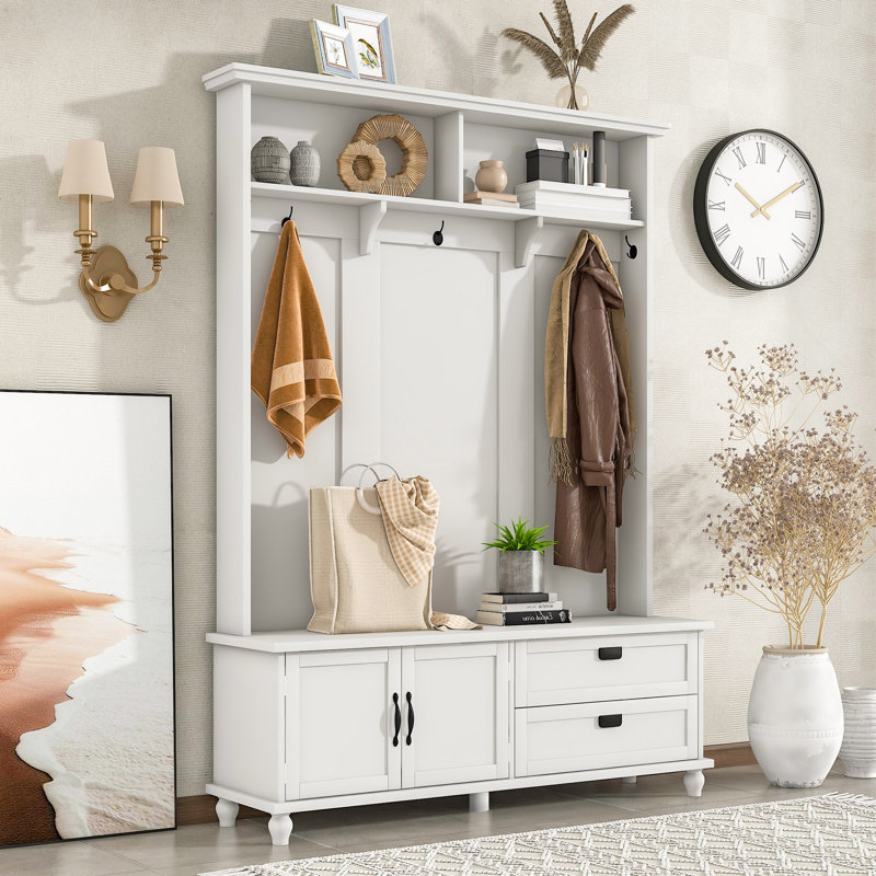 Channahon Modern Style Hall Tree with Storage Cabinet for Entryway Living Room Bedroom, White