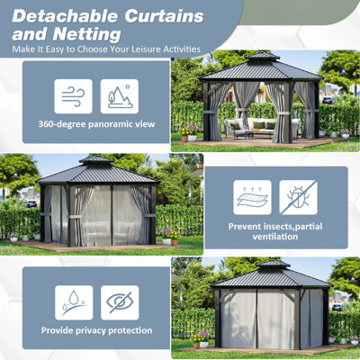  Pavillon de jardin extérieur robuste en aluminium 10 x 10 pi avec toit en acier galvanisé à double couche, pavillon en métal toutes saisons comprenant des rideaux, un filet à mailles et un ensemble d'ancrage pour le patio et la cour