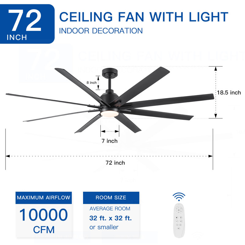 Ventilateur de plafond 72 po d'intérieur noir intelligent avec lumière DEL et télécommande