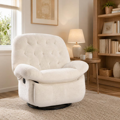 White Chenille Swivel Rocker Recliner, 360° Rotating Glider Chair with Side Pocket & Footrest, 135° Recline for Nursery & Living Room by Ebern Designs