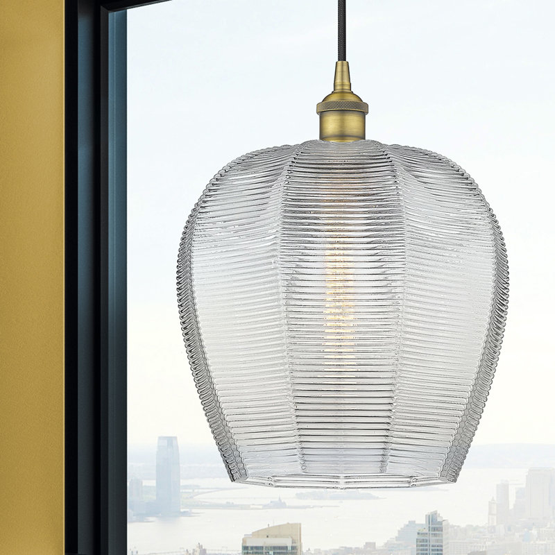 Luminaire suspendu simple à 1 lumière Laneika, H 15,13 po x l 11,75 po x P 11,75 po, Transparent, Laiton brossé
