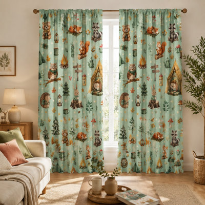 Lot de 2 rideaux à motifs d'animaux de la forêt, rideaux fantaisistes sur le thème du camping et des créatures des bois pour salon, chambre, cuisine, rideaux à œillets, pour la maison, l'extérieur et les murs.