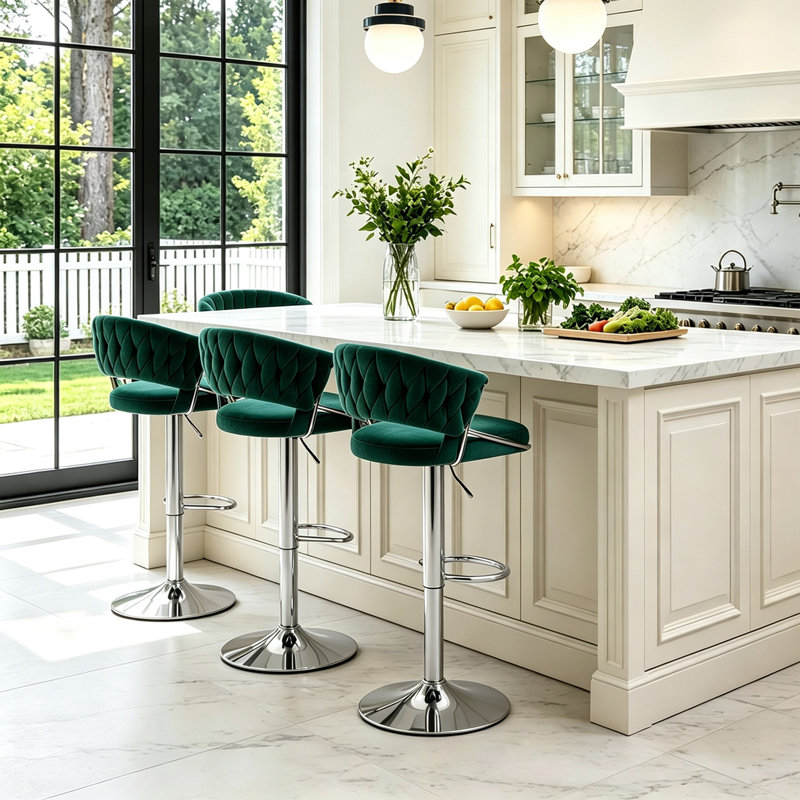 Christal Swivel Upholstered Adjustable Height Counter Stool, Dark Green, Silver