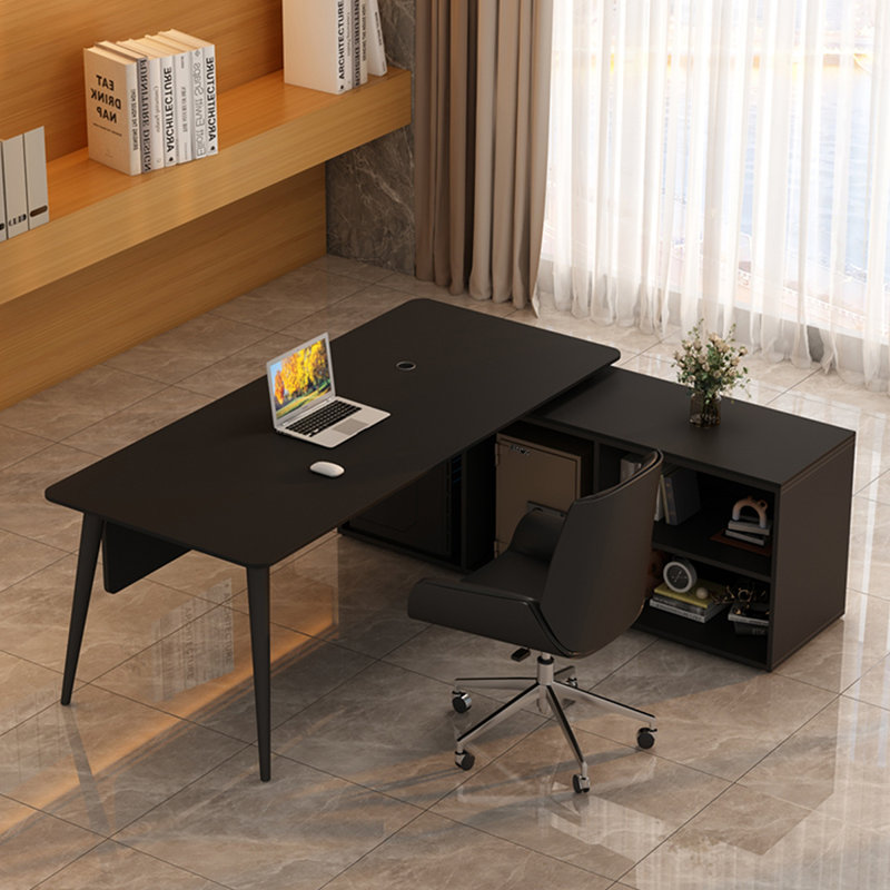 Bureau en pierre frittée noire / bureau avec armoires de rangement, H 29,53 po x l 62,99 po x P 62,99 po