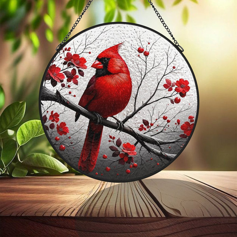 Cardinal perché sur une branche avec des vitraux en verre, 7.8x7.8in(20x20cm)
