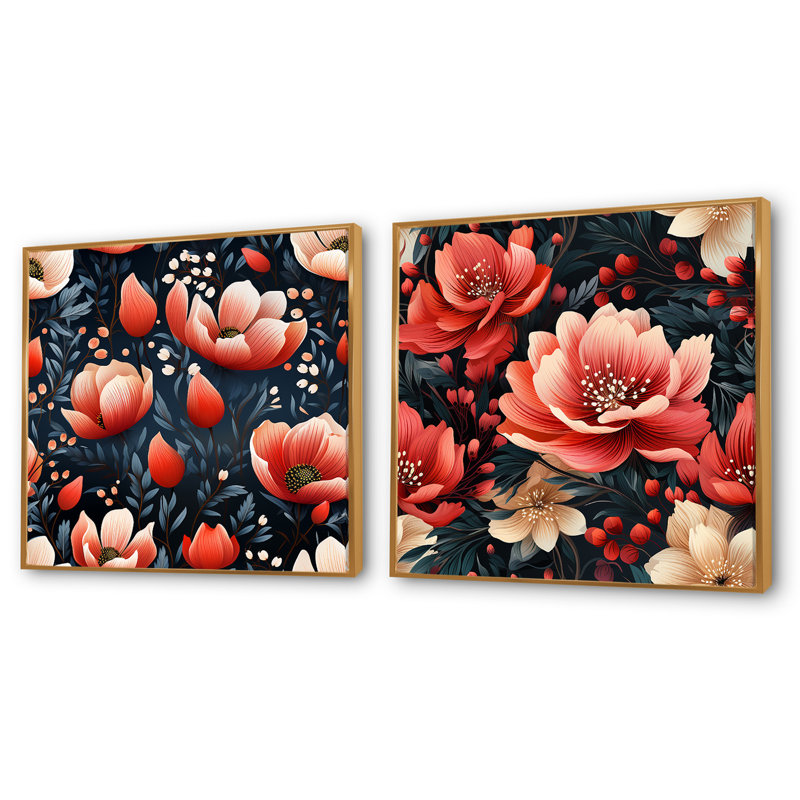 Austrina - Ensemble de 2 collages floraux carrés, H 16 po x l 33 po, Cadre flottant doré
