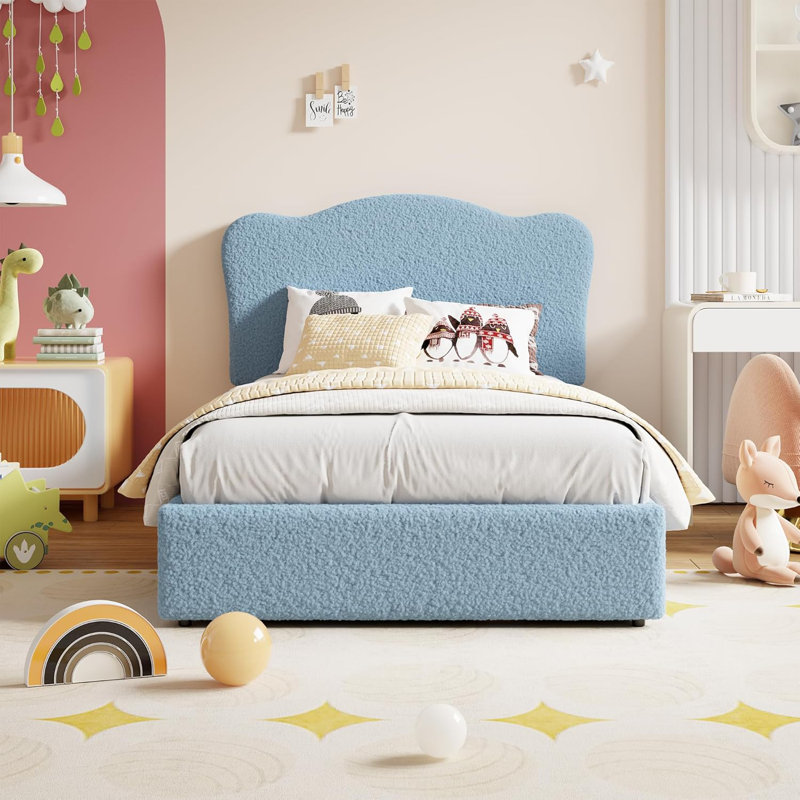 Twin Bed Frame for Kids with 2 Drawers, Velvet Twin Bed for Girls, Boys, Sturdy Platform Bed, No Box Spring Needed, Noise Free, Blue