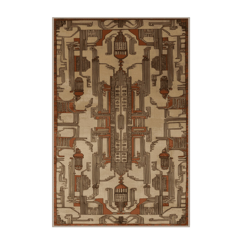 Machine Washable Art Deco Beige Area Rug, Rectangle 8' x 12'