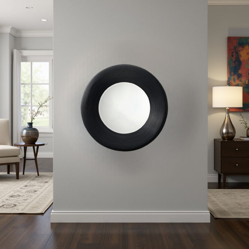 Miroir mural Defy, cadre rond de 39 po, bambou naturel de style bohème, Noir
