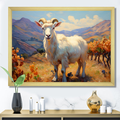 «White Caprine Goat Charm Meadows II», art mural animal de chèvre