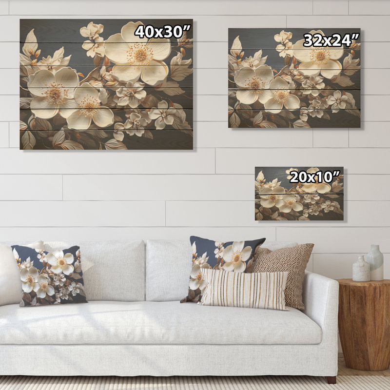 Tranquillité dorée blanche «Dogwood Tranquility I» sur bois de pin naturel, H 10 po x l 20 po