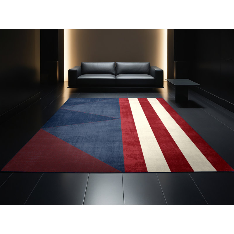 Tapis gris moderne et contemporain lavable à la machine Aguayo du 4 juillet - reliure marine, 7 x 10