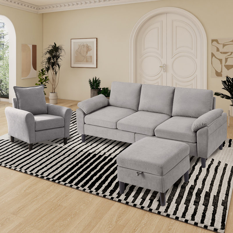 3 Piece Sectional Living Room Set, Light Gray Polyester Blend