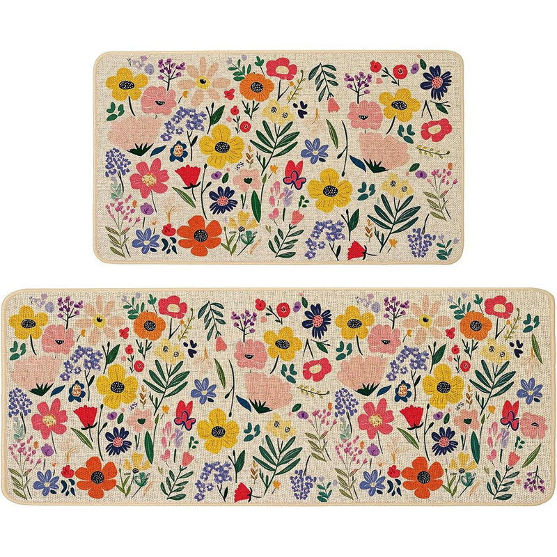 Tapis de cuisine - multicolores, fleurs printanières et estivales, tapis antidérapants lavables, ensemble de 2