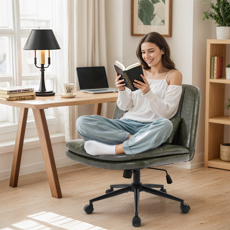 Criss Cross Home Office Desk Chair With Wheels, Wide Seat Armless Task Chair With Dual-Layer Seat Cushions And Lumbar Pillow