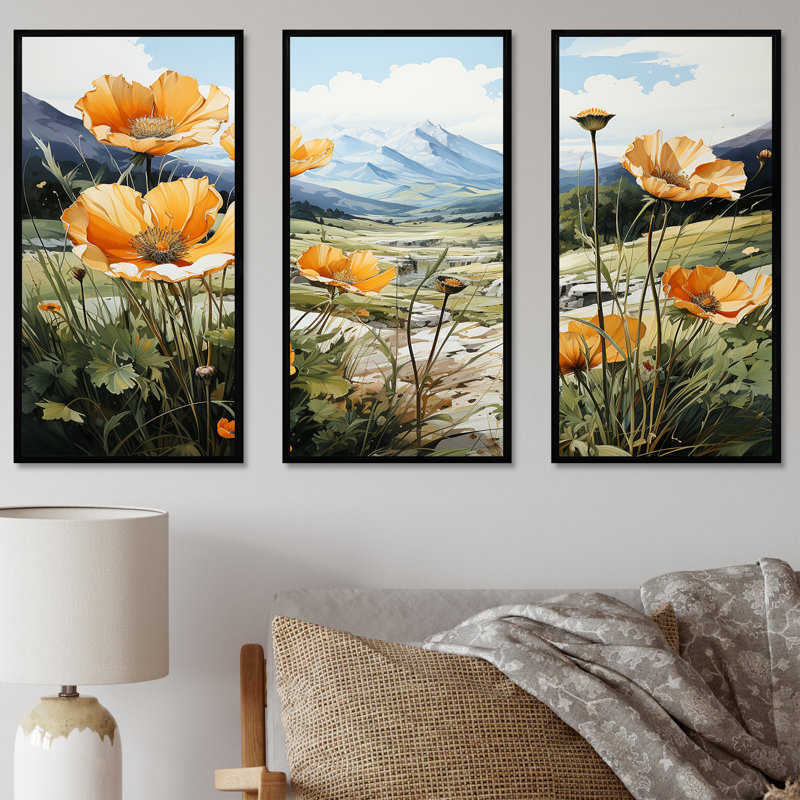 «Buttercups Charm In Mountain Scenery» - ensemble de reproductions d'art mural Buttercups, Cadre flottant noir