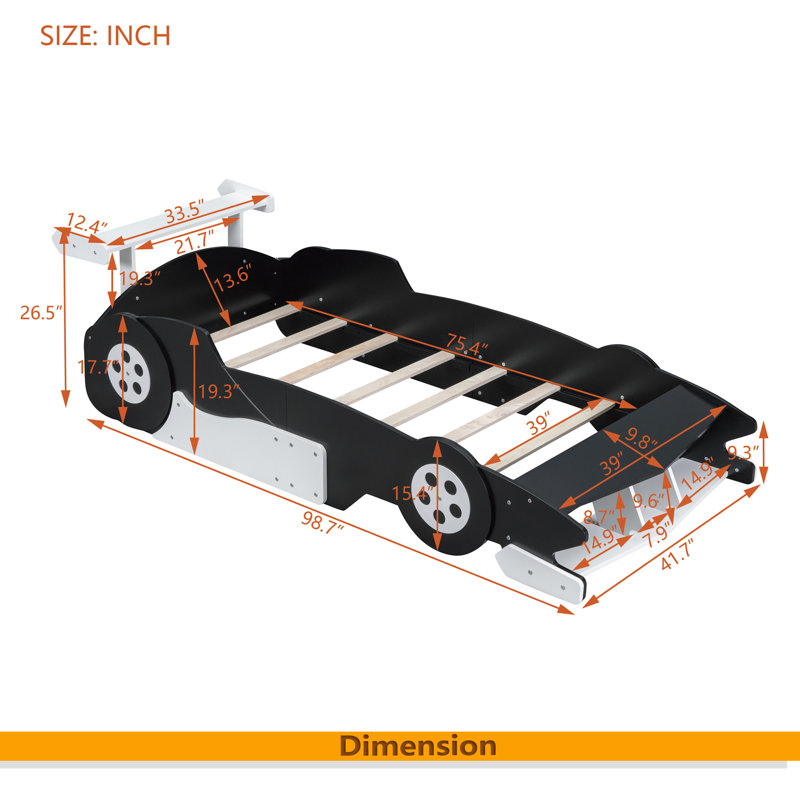 Twin Size Race Car-Shaped Platform Bed With Wheels, Black
