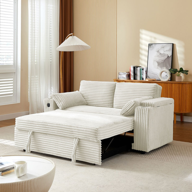 Canapé-lit avec causeuse avec accoudoirs de rangement et port USB, Beige