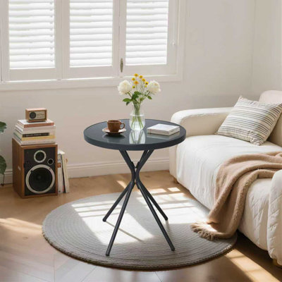 Outdoor Round Glass Coffee Table,Black Side Table for Patio