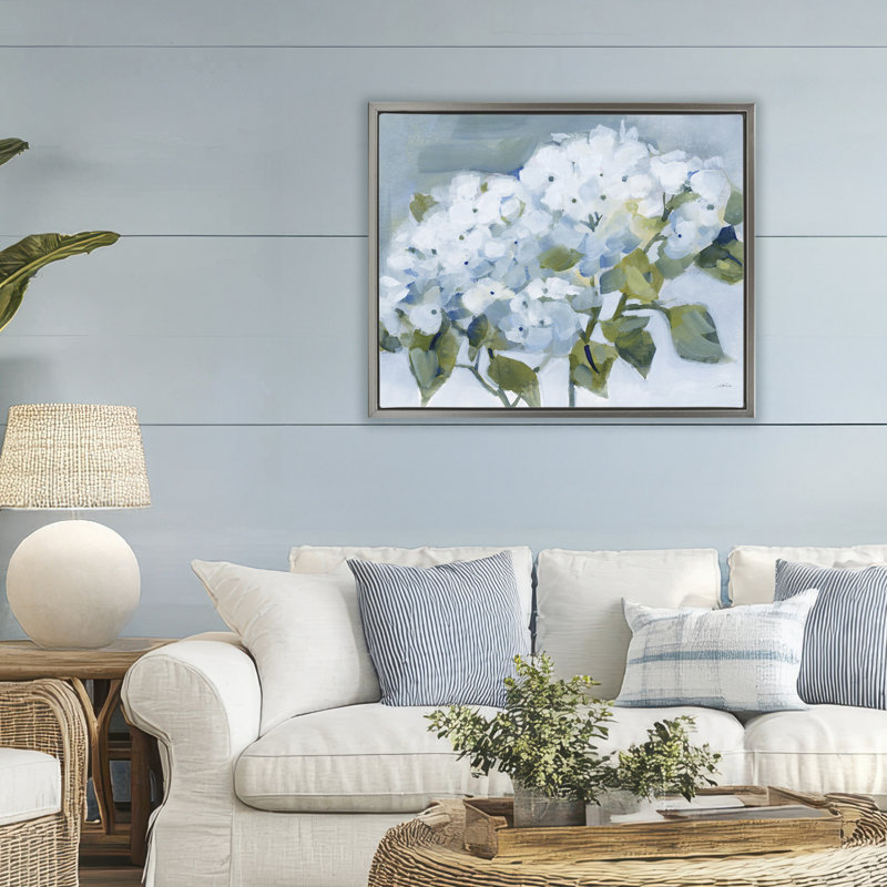 Cadre flottant Blue Spring Cottage Hydrangeas, design par Katrina Pete, H 25 po x l 31 po, Cadre flottant gris lustré