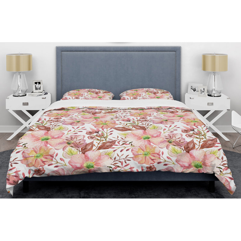 Retro Art Deco - Mid century bedding set - Modern Mid-century Bed cover set, King Duvet Cover + 2 Shams, Pink Floral