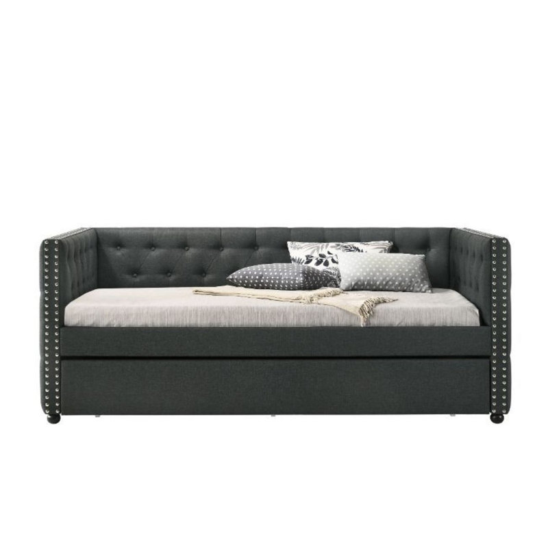 Barkha Upholstered Daybed with Trundle, Tufted Bed with Button and Copper Nail, Twin, Dark Gray