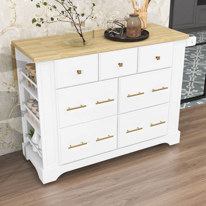 Wooden Kitchen Island with Trash Can Storage, Drop Leaf, Drawers and Charging Station, White