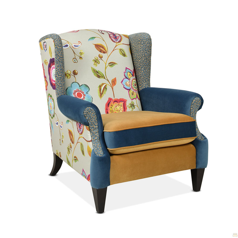 Fauteuil à oreilles à oreilles, velours floral et léopard, bleu sarcelle et jaune-or, Bleu/jaune