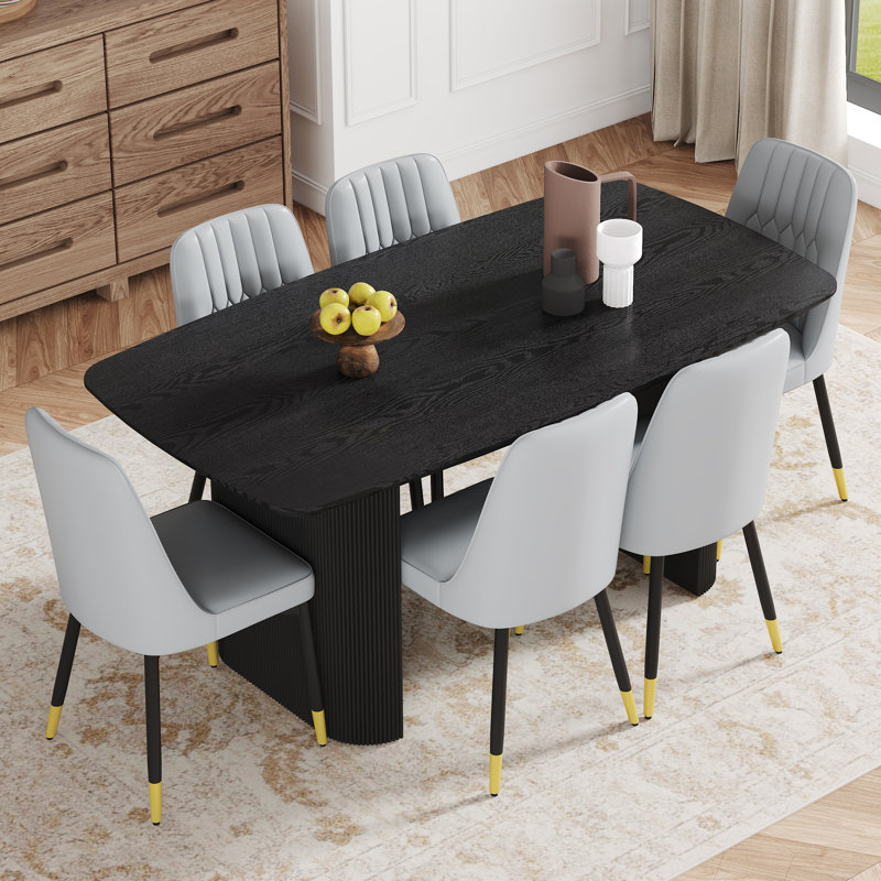 Luxueux ensemble de salle à manger en MDF à grain de bois noir avec chaises rembourrées en polyuréthane pour les salles à manger modernes