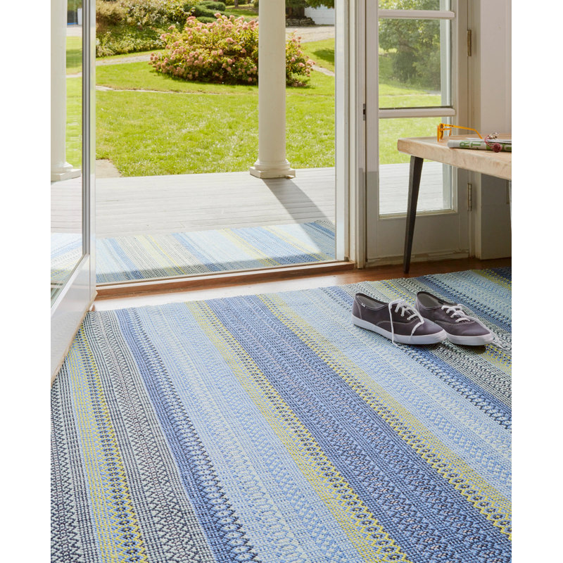 Fiesta Stripe French Blue/Green Handwoven Indoor/Outdoor Rug, Rectangle 4' x 6'