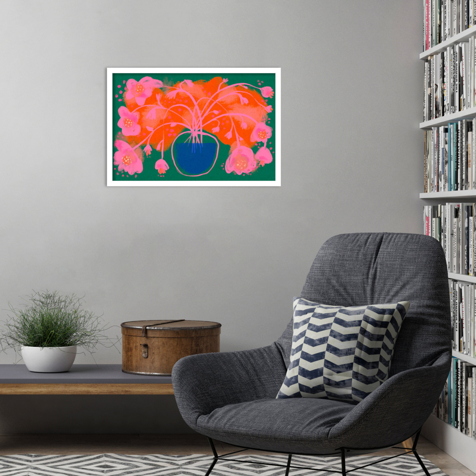Pink Flower Bouquet by Treechild  Wood Framed Wall Art Print, 17" H x 25" W, White